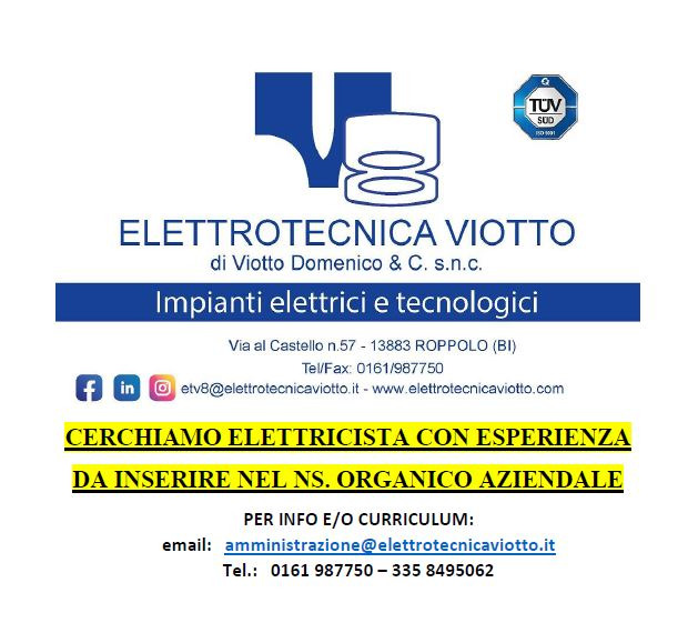 CERCHIAMO ELETTRICISTA CON ESPERIENZA DA INSERIRE NEL NOSTRO ORGANICO