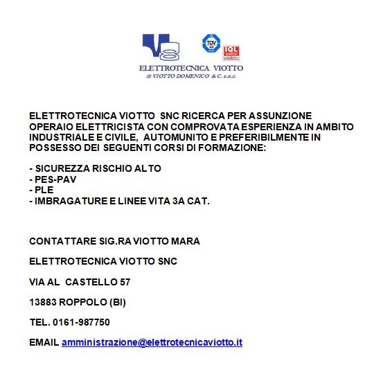 ELETTROTECNICA VIOTTO SNC RICERCA OPERAIO ELETTRICISTA PER ASSUNZIONE