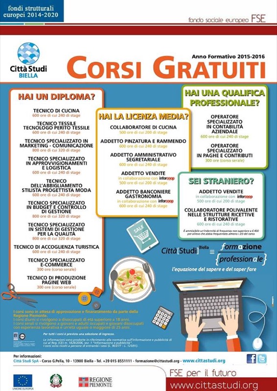 A CITTA' STUDI - BIELLA APERTE LE PREISCRIZIONI AI CORSI GRATUITI DEL MERCATO DEL LAVORO 2015-2016 | Il Cerca Artigiano di Qualità