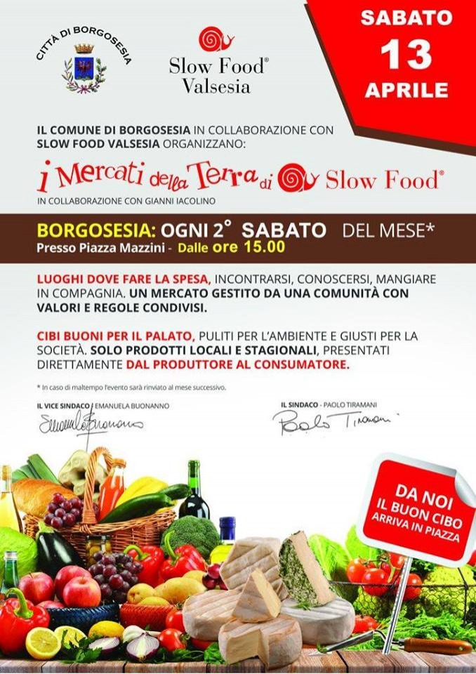 I MERCATI DELLA TERRA DI SLOW FOOD: SABATO 13 APRILE A BORGOSESIA