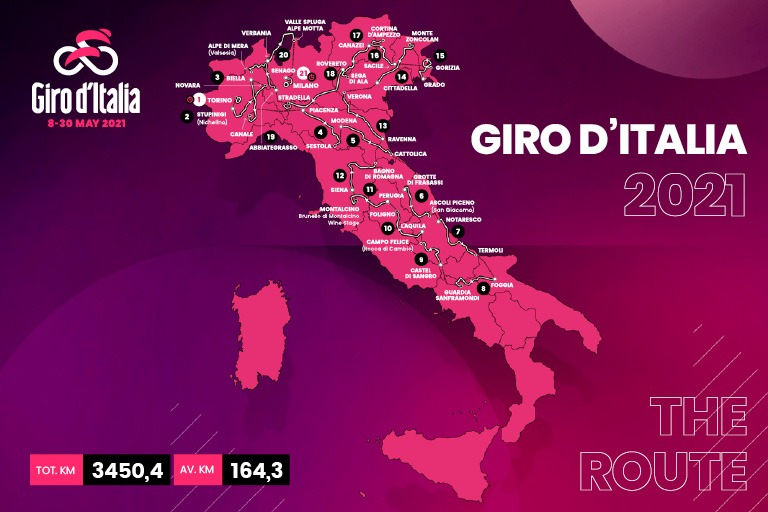 IL GIRO D'ITALIA 2021 ORGANIZZATO DA  RCS SPORT, PARTIRA' L’8 MAGGIO DA TORINO, PER CONCLUDERSI A MILANO IL 30 MAGGIO.