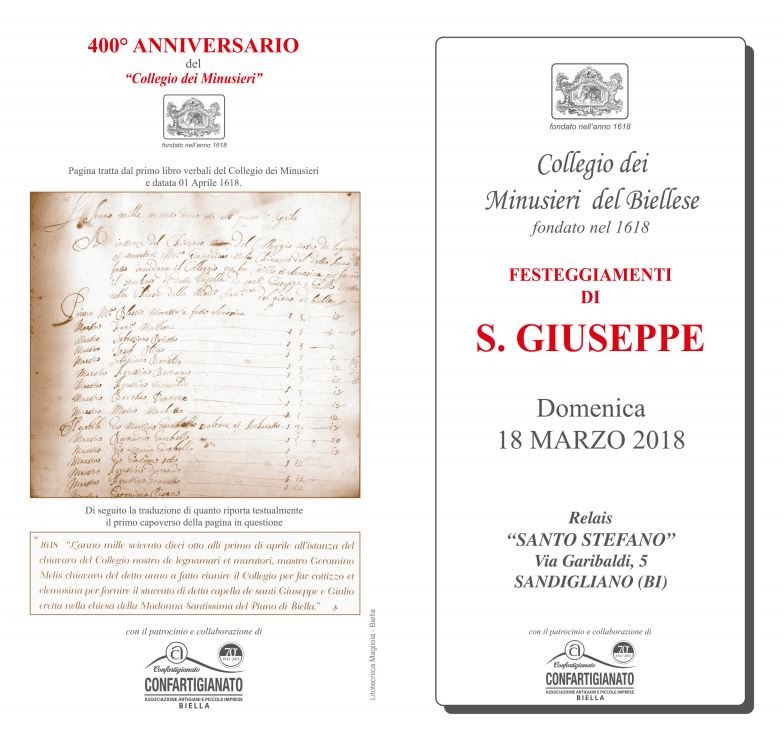 DOMENICA 18 MARZO FESTEGGIAMENTI DI SAN GIUSEPPE CON IL COLLEGIO DEI MINUSIERI